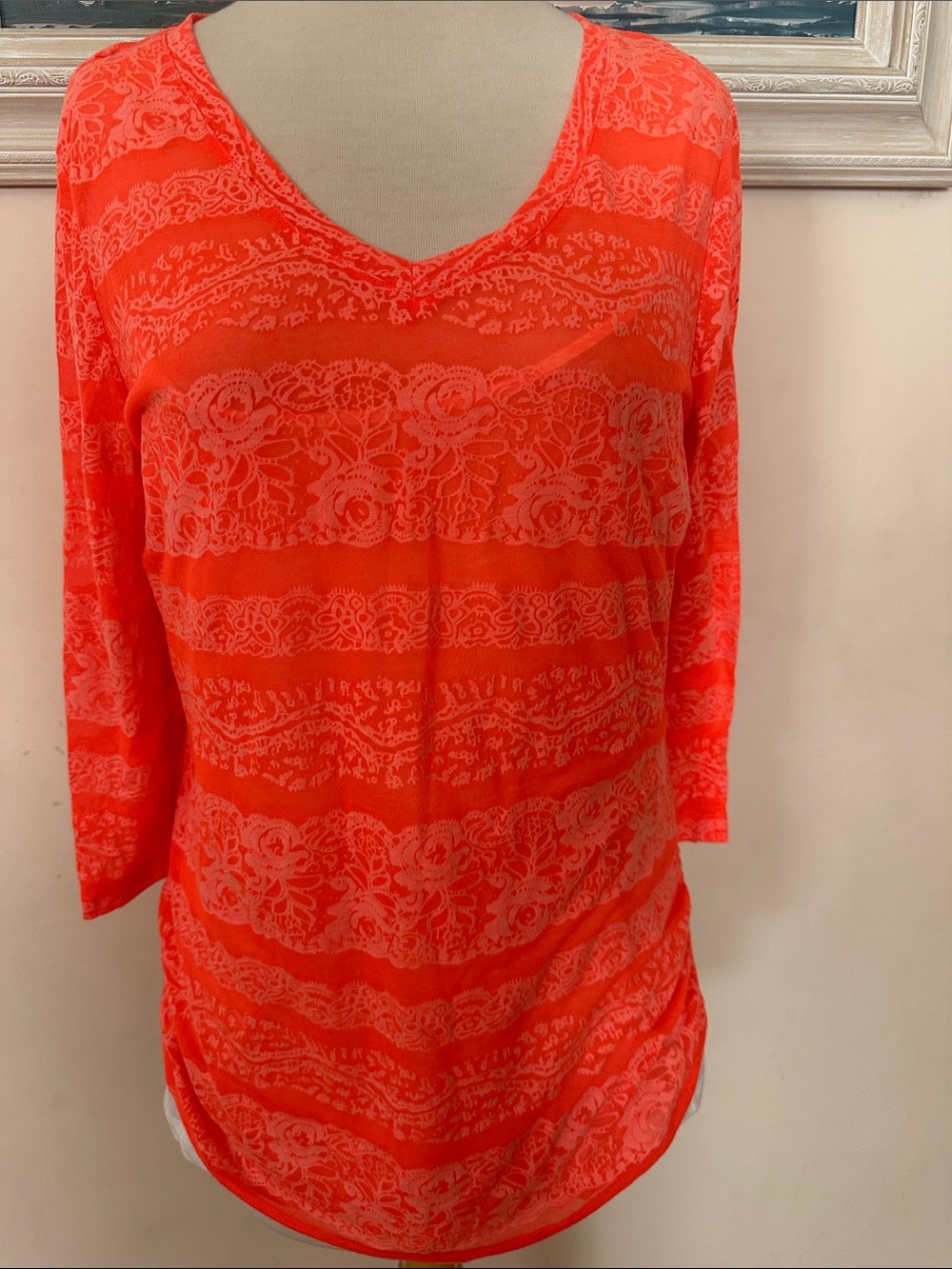Style & Co. Bright Coral Lace-Stripe V-Neck Tunic